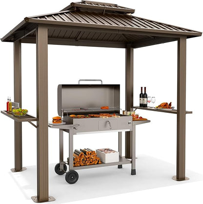 Hoteel 6x8 Hardtop Grill Gazebo, Outdoor Patio BBQ Gazebo with Galvanized Steel Double Roof, Hardtop Barbecue Canopy with 2 Side Shelves for Deck Lawn Backyard Garden,Brown