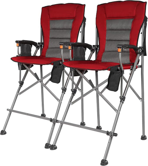 Extra Tall Folding Chairs for Adults 2 Pack, Portable Bar Height Foldable Director Chairs for Camping Outside, Comfortable with Makeup Pocket, High Back and Footrest,Red