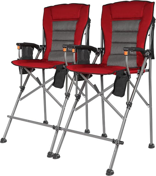 Extra Tall Folding Chairs for Adults 2 Pack, Portable Bar Height Foldable Director Chairs for Camping Outside, Comfortable with Makeup Pocket, High Back and Footrest,Red