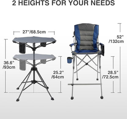 Extra Tall Folding Chairs 2 Pack & Adjustable Height Folding Table Set, Portable Outdoor Bar Table & Foldable Director Chairs with High Back and Storage Bag for Backyard,Beach,Travel
