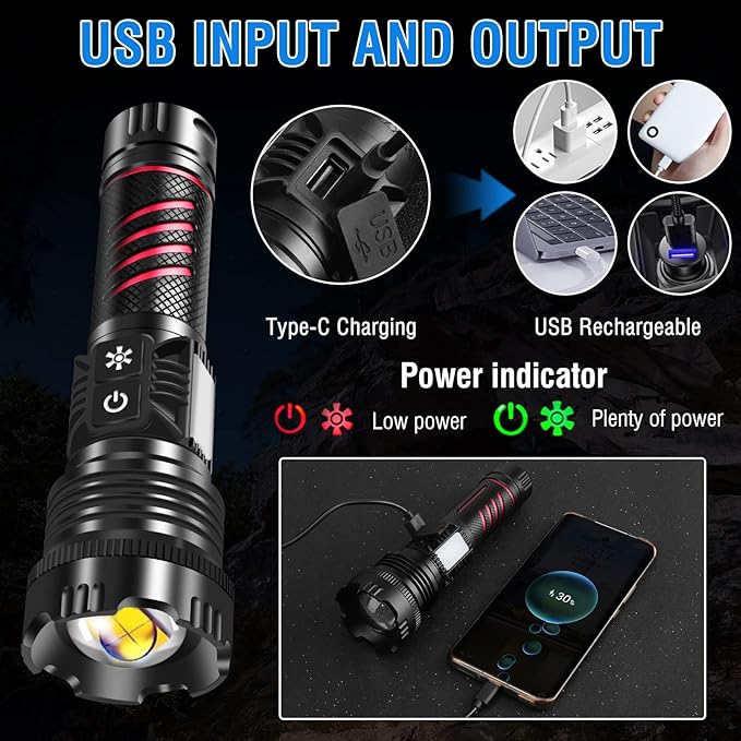 BORUIT Rechargeable Flashlight High Lumens 20000 Lumens LED White Red Light Torch,8 Modes IPX4 Waterproof Powerful USB C Tactical Flashlight Work Light for Outdoor, Emergency & Daily Use