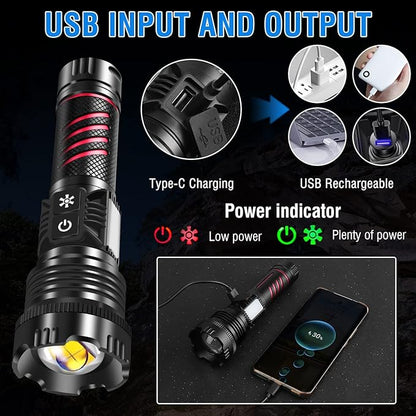 BORUIT Rechargeable Flashlight High Lumens 20000 Lumens LED White Red Light Torch,8 Modes IPX4 Waterproof Powerful USB C Tactical Flashlight Work Light for Outdoor, Emergency & Daily Use