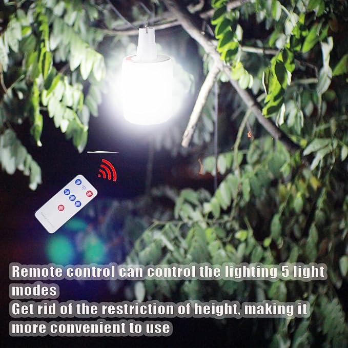 LED Camping Tent Solar Lantern Bulb Lights 5 Mode USB Rechargeable with Remote Control Portable Hanging Outdoor Fishing Emergency Courtyard Garden 4 Power Display Outdoor 2 Pack