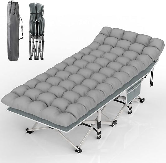 Suteck Camping Cot, Folding Camping Cot Bed for Adults Sleeping 1200D Double Layer Oxford Portable Folding Outdoor Cots for Camping W/Soft Pad Carry Bag for Home Office Nap Beach Travel, 500LBS,Grey