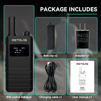 Retevis B3S Walkie Talkies,Portable Two-Way Radios with LCD Screen,Emergency Alarm,1620mAh Battery, Handsfree Walkie Talkie for Family Outdoor Trip (2 Pack)