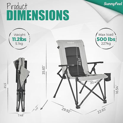 SUNNYFEEL Ergonomic High Back Camp Chair - 500lbs Heavy Duty Folding Chair, UV-Resistant Portable Camp Chair with Hard Armrests, Cup Holder＆ Bag for Outdoor, Basebal, Travel, Sports, Hiking, Fishing