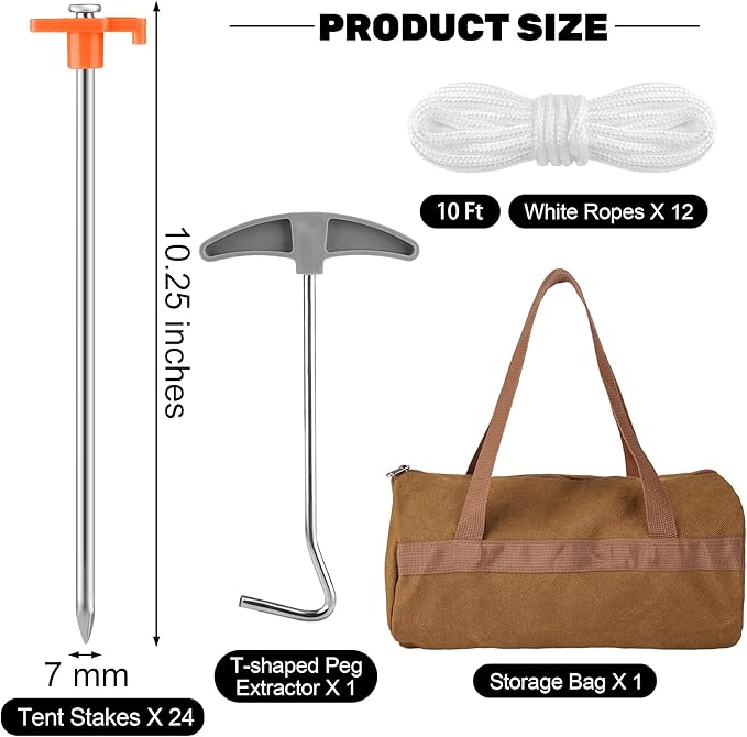 Aodaer 24 Pack Tent Stakes Heavy Duty Tent Pegs 10.25 Inch Non-Rust Metal Yard Stakes with 4x10ft Ropes and Storage Bag Inflatable Stakes for Gardening & Canopies, Camping Halloween Christmas, Orange