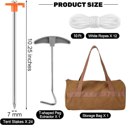Aodaer 24 Pack Tent Stakes Heavy Duty Tent Pegs 10.25 Inch Non-Rust Metal Yard Stakes with 4x10ft Ropes and Storage Bag Inflatable Stakes for Gardening & Canopies, Camping Halloween Christmas, Orange