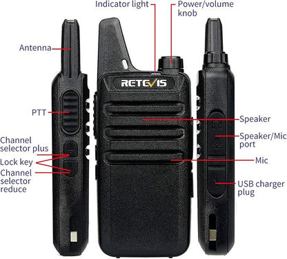 Retevis RT22 Walkie Talkies, Mini 2 Way Radio Rechargeable, VOX Handsfree, Portable, Two-Way Radios Long Range with Earpiece, for Family Road Trip Camping Hiking Skiing(2 Pack, Black)
