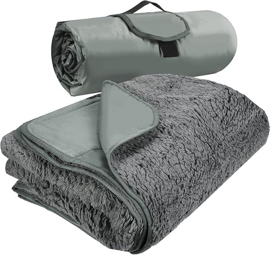 Tirrinia Outdoors Waterproof Throw Blanket, 51”x 59” Sherpa Fleece Stadium Windproof Mat for Boat, Traveling, Camping, Hiking, Football - Machine Washable, Light Grey
