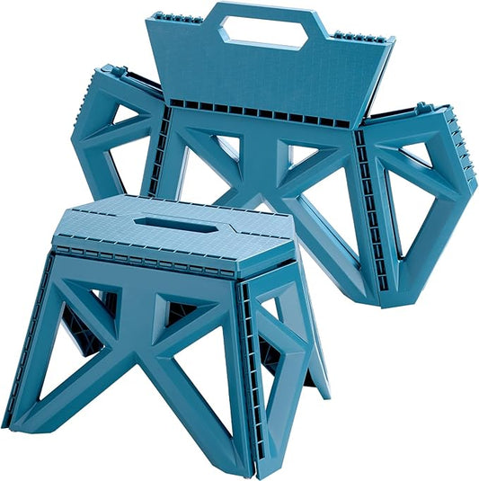 9.2" Blue Collapsible Step Stool - Non-Slip, Hold Up to 300 lbs, Portable Plastic Footstool with Handle | Easy Fold/Open Design for Kitchen, Bathroom, Camping & Home Use, 1 Piece