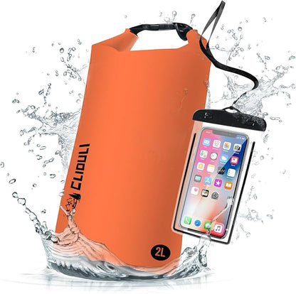 Waterproof Dry Bag,Roll Top Orange Small Waterproof Backpack 2L/5L/10L/20L/30L/40L Floating Lightweight Bags for Kayaking, Boating, Fishing, Swimming Camping with Waterproof Phone Case
