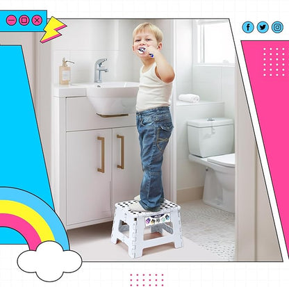 Delxo 9 Inch Folding Step Stool,White Step Stools for Kids Foldable,Portable Collapsible Step Stool with Handle, Folding Stool for Kitchen Bathroom,Bedroom,Garden
