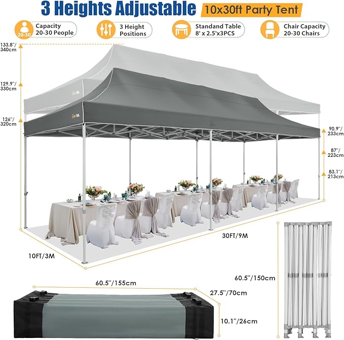 HOTEEL 10x30 Pop up Canopy Tent for Parties, Heavy Duty Easy Setup Tent with 8 Sidewalls, Outdoor Commercial Instant Gazebo for Wedding Event, with Portable Bag & Sand Bags, Grey(Hexagonal Frame)