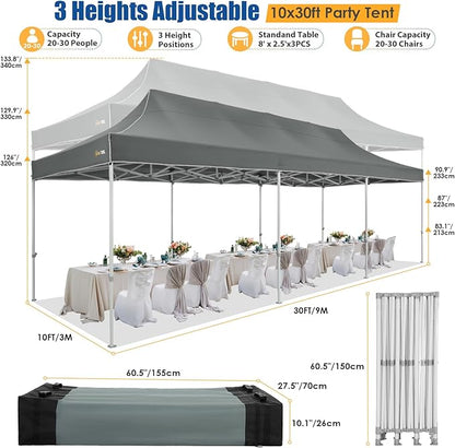 HOTEEL 10x30 Pop up Canopy Tent for Parties, Heavy Duty Easy Setup Tent with 8 Sidewalls, Outdoor Commercial Instant Gazebo for Wedding Event, with Portable Bag & Sand Bags, Grey(Hexagonal Frame)
