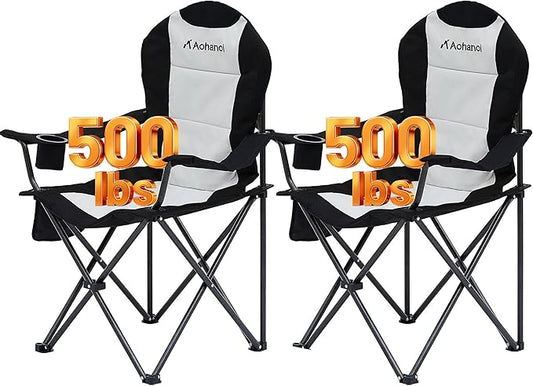 Camping Chairs for Heavy People, Folding Chairs for Outside Outdoor Folding Chairs with Cup Holder & Cooler Bag, Camp Chairs Supports up to 400lbs(2 PC, Black White)
