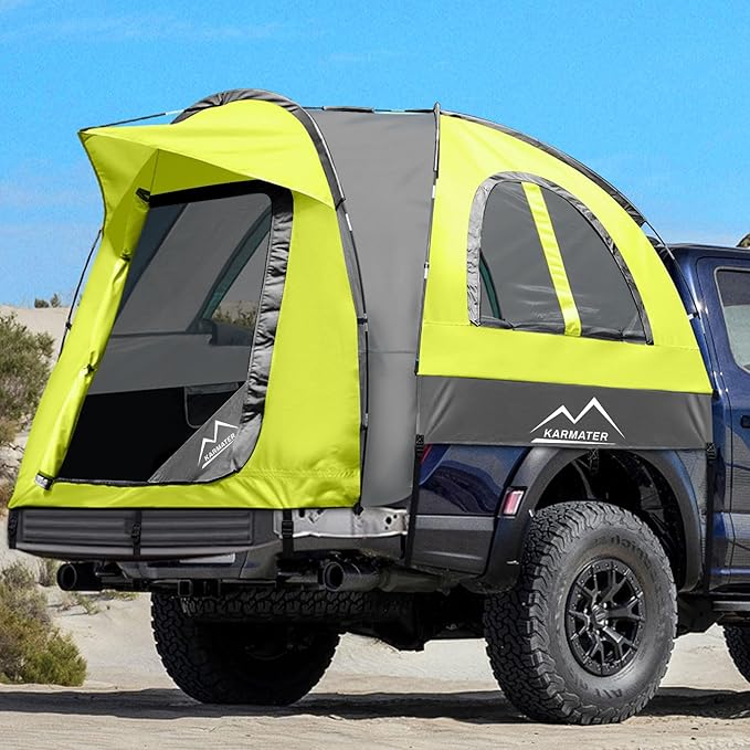 Pickup Truck Tent, Waterproof PU2000mm for Camping 5.5-6.5 Ft Bed, 2-Person Sleeping With Double Layer Design Windows, Expandable Triangle Sunshade Awning