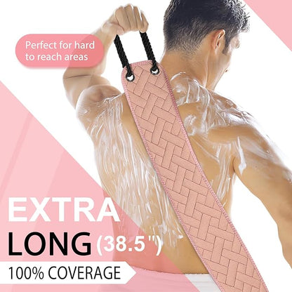 Exfoliating Back Scrubber with Upgraded Handles, 38.5 Inch Double-Sided Body Scrub Bath Exfoliator, Exfoliating Washcloth for Use in Shower, Back Washer to Deep Clean Your Skin for Men & Women (Pink)