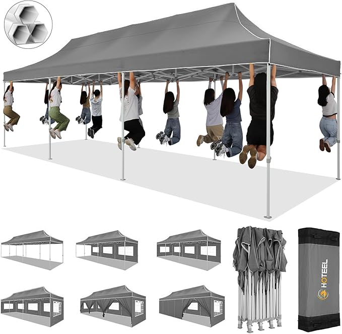 HOTEEL 10x30 Pop up Canopy Tent for Parties, Heavy Duty Easy Setup Tent with 8 Sidewalls, Outdoor Commercial Instant Gazebo for Wedding Event, with Portable Bag & Sand Bags, Grey(Hexagonal Frame)