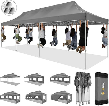 HOTEEL 10x30 Pop up Canopy Tent for Parties, Heavy Duty Easy Setup Tent with 8 Sidewalls, Outdoor Commercial Instant Gazebo for Wedding Event, with Portable Bag & Sand Bags, Grey(Hexagonal Frame)