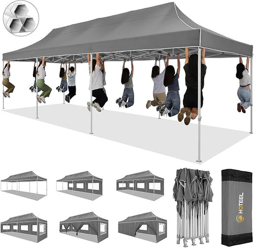 HOTEEL 10x30 Pop up Canopy Tent for Parties, Heavy Duty Easy Setup Tent with 8 Sidewalls, Outdoor Commercial Instant Gazebo for Wedding Event, with Portable Bag & Sand Bags, Grey(Hexagonal Frame)