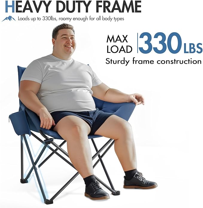 Portal Oversized Padded Camping Chair - Heavy Duty Folding Chair with Cup Holder & Side Pocket, Supports 330 lbs, for Camping, Lawn, Sports, Blue