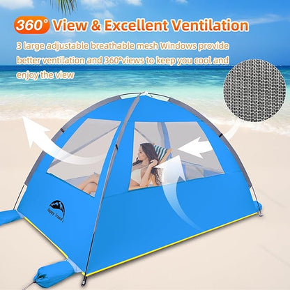 Happy Travel Beach Tent, UPF 50+ UV Protection Sun Shade Shelter for 3/4/5/6/7/8 Person, Portable Beach Canopy for Family & Baby, Lightweight & Easy Setup Beach Cabana with 3 Ventilation Mesh Windows