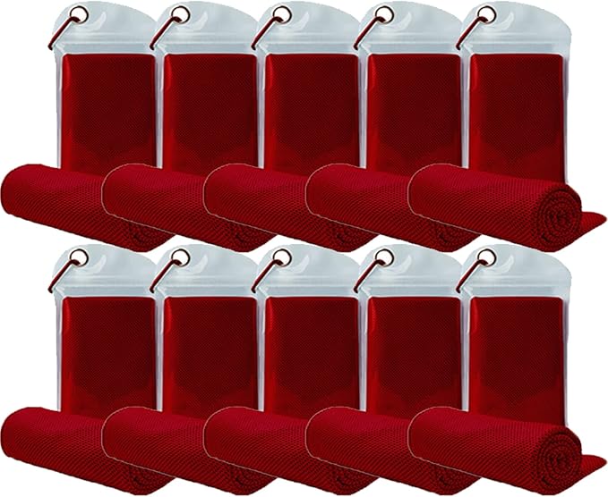 10 Pack Cooling Towels Bulk Microfiber Ice Towel Quick Dry Breathable Chilly Sweat Towel Stay Cool Towel for Neck Face Yoga Gym Workout Running Pilates Beach with Carabin Bag, 40x12'', Red