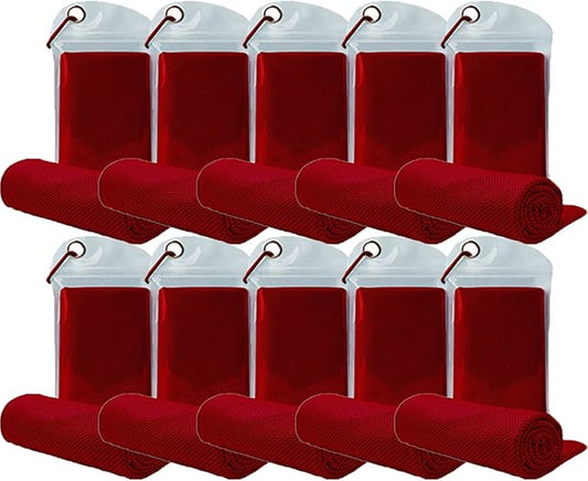 10 Pack Cooling Towels Bulk Microfiber Ice Towel Quick Dry Breathable Chilly Sweat Towel Stay Cool Towel for Neck Face Yoga Gym Workout Running Pilates Beach with Carabin Bag, 40x12'', Red