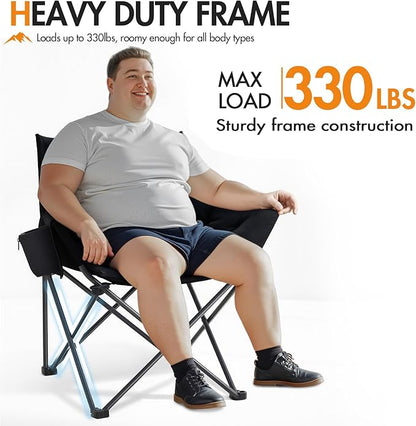 Portal Oversized Padded Camping Chair - Heavy Duty Folding Chair with Cup Holder & Side Pocket, Supports 330 lbs, for Camping, Lawn, Sports, Black
