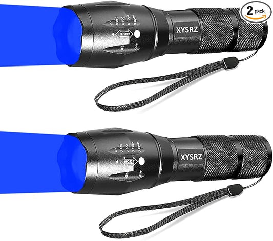 Blue Light Flashlight Single Mode Zoomable Blue LED Flashlight for Night Fishing Hunting, 2 Pack
