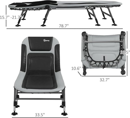 Outsunny Camping Cot for Adults, Folding Bed with Soft Padded Cushions & Headrest, 180° Adjustable Reclining Lounger, Heavy Duty and Portable with a 400 lbs. Capacity, Gray
