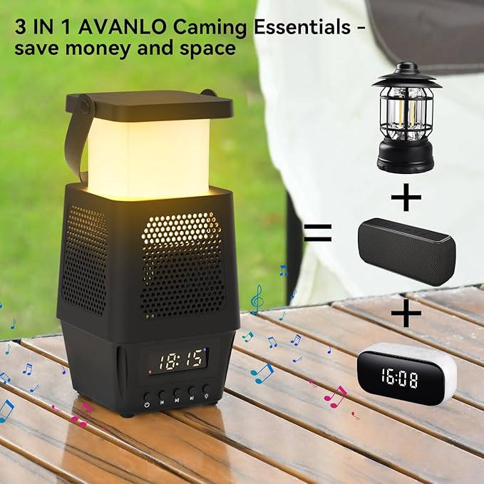 AVANLO 3 in 1 Small Camping Lantern Lamp Bluetooth Speaker for Hiking Portable,Rechargable Outdoor Table Lamp Dimmable Night Light Clock Battery Operated(Included) Cordless Emergency Light 7200mAh