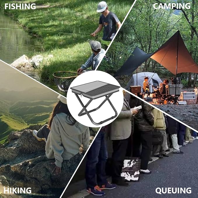 Portable Ultralight Travel Stool Camping Chair Fishing Stool - Gray Carbon Steel with Foot Pads and Keychain, Handbag Style Pocket Foldable