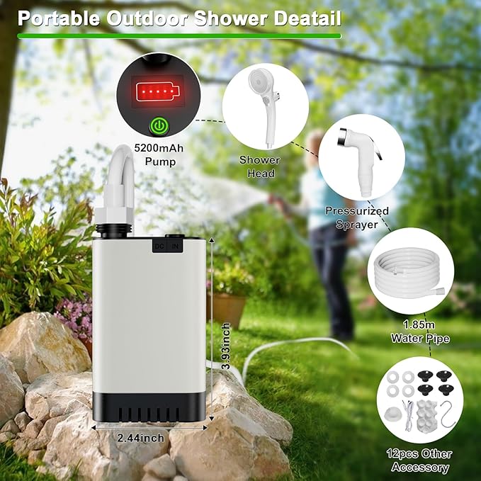 Portable Shower for Camping, Electric Outdoor Shower Rechargeable Camping Shower Pump, Camping Shower Head for Camping, Hiking, Traveling, Washing