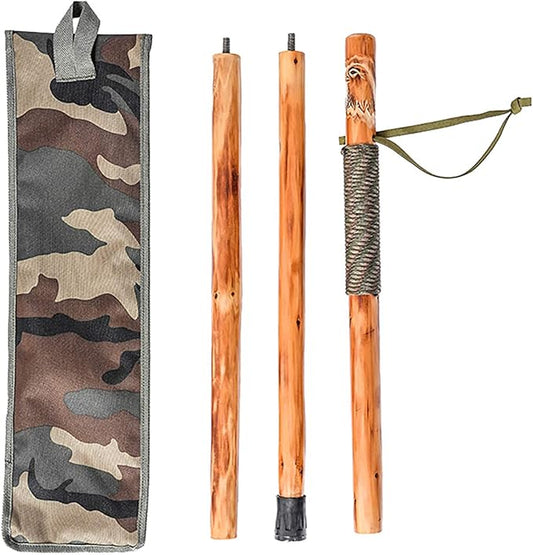 3pc Detachable Fir Wood Walking Stick for Hiking with Compass 55 Inches - with Animal Carving - Soft Hand Strap - Rubber Tip Cover