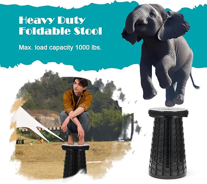 2025 Upgraded XXL Collapsible Stool with Cushion, 1000 lbs Capacity & 19.7-in High, Wider & Taller Heavy Duty Portable Telescoping Foldable Seat for Adults Camping, Travel, Music Festivals, Outdoors