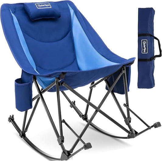 Rocking Camping Chair, Heavy Duty, High Back Oversized Portable Folding Chair with Side Cup Holders, Pocket for Beach, Fishing,Trip,Picnic,Lawn,Concert Outdoor Foldable Camp Chairs, Blue