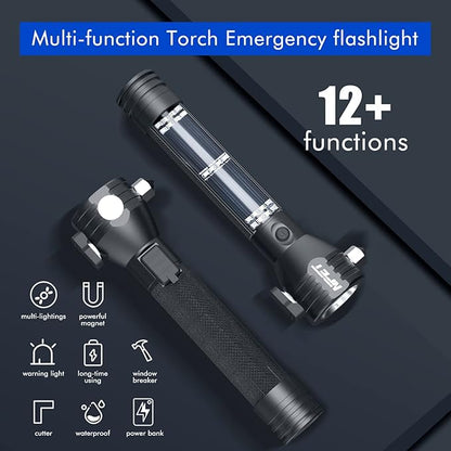 NPET T09 Solar Flashlight Car Flashlight 268 Lumens LED COB Light USB Rechargeable Tactical Multi-Function Torch Tool with Window Breaker Seat Belt Cutter Compass