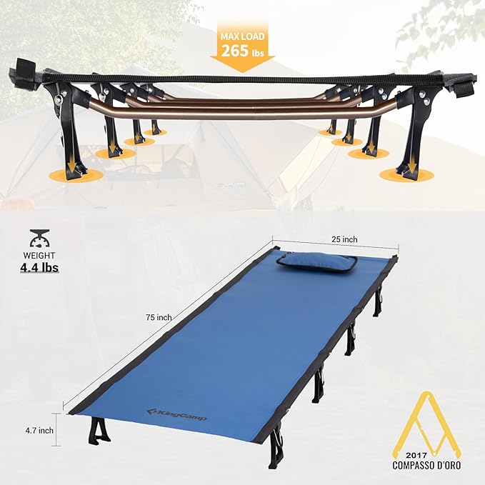 KingCamp Camping Cot, Folding Portable Heavy Duty Ultralight Cots for Adults Camping Tent Hiking Backpacking Mountaineering Travel Indoor Outdoor Indoor Base Camp with Pillow, Support 265 Lbs
