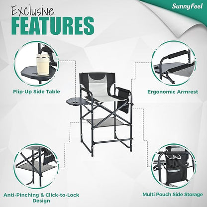 SUNNYFEEL Tall Camping Directors Chair, Portable Folding Artist Makeup Chair with Side Table, Pocket, Footrest, Heavy Duty for Beach,Trip,Picnic,Concert Outdoor Foldable Camp Lawn Chairs