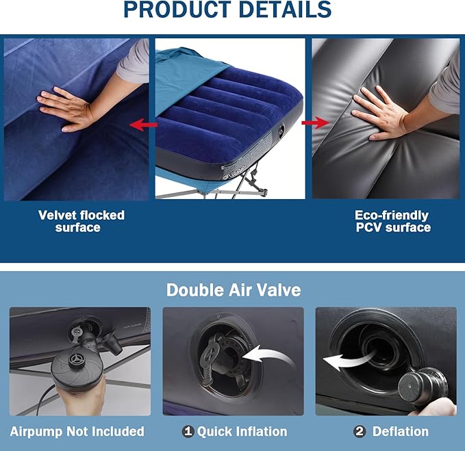 KAMPKEEPER Camping Cot,Folding Camping Bed with Inflatable Air Mattress and Carry Bag,for Outdoor Travel Camp Beach Vacation,(not Included The Airpump)
