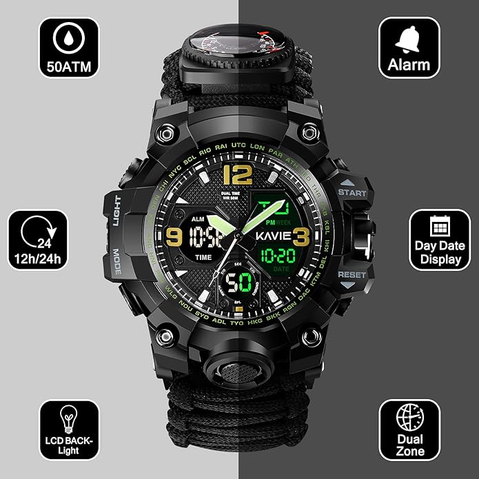 23-in-1 Survival Military Digital Watch, Mens Tactical Multi-Functional and Adjustable Wristband Outdoors Waterproof Sports Dual Dial Watches with Compass Paracord Band