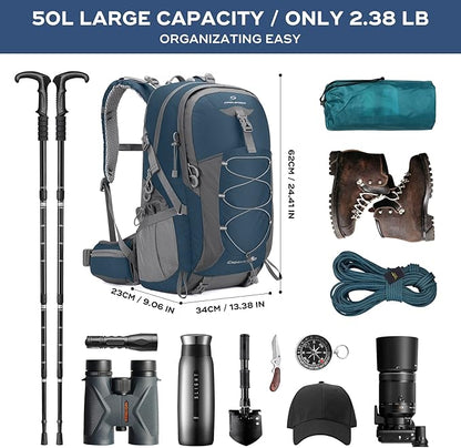 Maelstrom Hiking Backpack,Camping Backpack,50L Waterproof Hiking Daypack with Rain Cover,Lightweight Travel Backpack,Blue