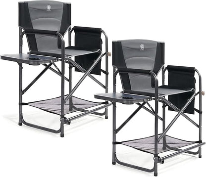 EVER ADVANCED 2 Piece Medium Tall Directors Chair Foldable Makeup Artist Chair Bar Height with Side Table Cup Holder and Pocket Footrest, Supports 400LBS Grey, Seat Height: 23.2 inches