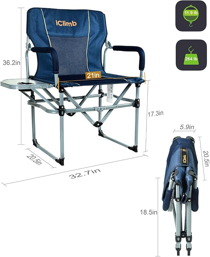 iClimb Heavy Duty Compact Camping Folding Mesh Chair with Side Table and Handle