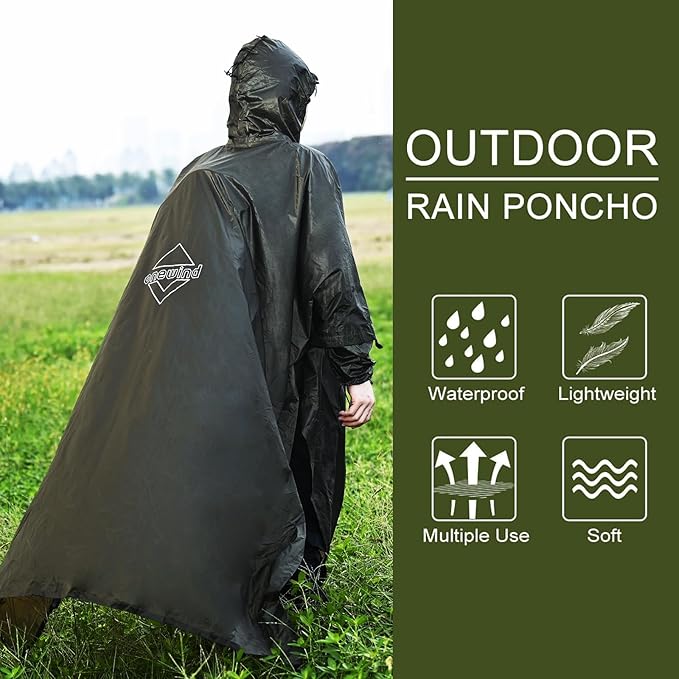 onewind Hooded Rain Poncho, Silnylon Camping Rain Coat Versatile Survival Shelter Lightweight Poncho for Hiking, Backpacking