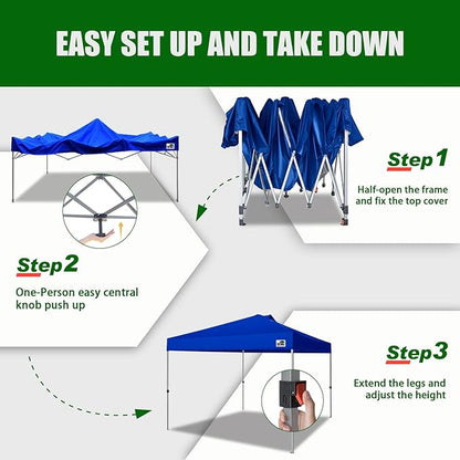 Eurmax USA NOMATTER ONE-Person Open&Close 10x10ft Pop Up Canopy Tent，Portable Shelter Canopy for Outdoor Events，Instant Canopies, Temporary Sunshade,Bonus 4 Sand Bags(Blue)