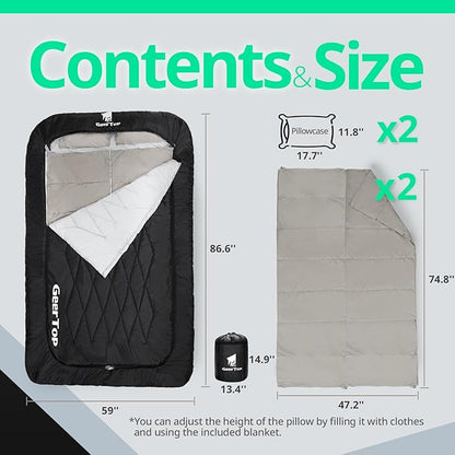 GEERTOP Comfort Doublewide Sleeping Bag with Blanket Queen Size Two Person Sleeping Bag for Adults, Couples & Family Camping
