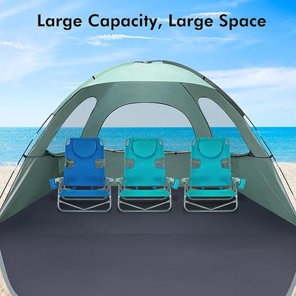 WhiteFang Beach Tent Anti-UV Portable Sun Shade Shelter for 3/4/6/8 Person, Extendable Floor with 3 Ventilating Mesh Windows Plus Carrying Bag, Stakes and Guy Lines